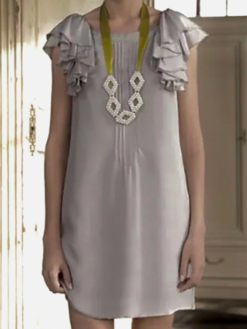 Anthropologie Floreat Light Gray Ruffle silk dress size 10